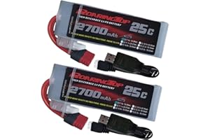 RoaringTop Lipo Batterie 2S 2700mAh 7.4V 25C avec Connecteur Deans T Compatible avec WLtoys 104009/104002/104072/124017/124018 1:10 1:12 RC Voiture Camion avec 2 Chargeurs USB (2 PCS)