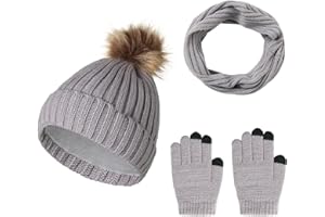 Jarseila Femme Tricotés Bonnet Écharpe et Gants Hiver Chaud Ensemble Bonnet à Pompon Loop Écharpe Gants Écran avec Doublure Polaire