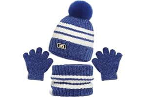 BAYNETIN 3Pcs Kids Hat Scarf Gloves Set, Pom Fleece Lined Stripe Beanie Hat, Stripe Knit Thermal Neck Warmer and Gloves Sets for Age 2-8, Winter Children Warm Accessories Sets for Outdoor