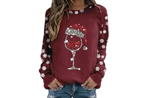 JIJIRUDU Weihnachtspullover Damen Lustig Rotweinglas Druck Weihnachten Pullover Rundhals Langarm Casual Ugly Christmas Sweat Oberteile Frauen Xmas Pullover Merry Christmas Sweatshirt Weihnachtspulli Tops