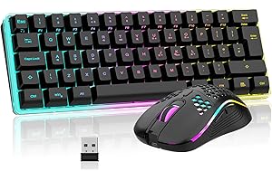 RedThunder K62 Wireless 60% RGB Gaming Keyboard and Mouse Combo, UK Layout 62 Keys Ultra Compact Backlit Mini Keyboard, Lightweight Cellular Optical Mouse, Portable Set for PC PS5 Xbox Gamers (Black)