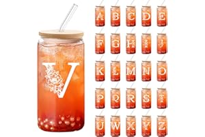 DETENE 550ml Bicchiere di Vetro con Coperchio Bicchiere da Birra con Coperchio e Cannuccia La Scelta Migliore per Regali Acronimi di Compleanno Maschile e Femminile o Regali di Natale (V)