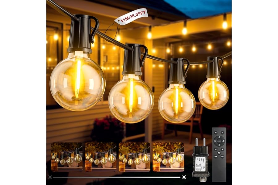 Guirnalda Luces Exterior, 11M/36Ft Guirnaldas de Luces Exterior con Enchufe | 15+1 G40 Bombillas 3 Modos IP44 Impermeabl