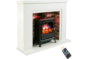 ENDEAVOUR FIRES AND FIREPLACES Endeavour Fires Farlington Electric Fireplace, Black Log Burner Stove in 48’’ Off White Surround, LED Downlights with Remote Control (White Top/Red Brick)