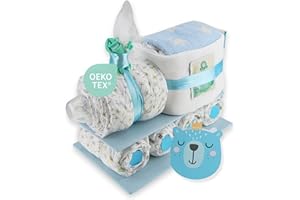 Windeltorte.com – Trenino per pannolini per ragazzi, blu – con 29 pannolini LILLYDOO, regalo per nascita, regalo per battesimo, regalo per baby shower, torta di pannolini fatta a mano (ragazzo)
