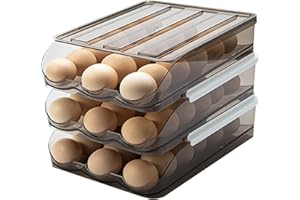 memeyou Portauova a scorrimento automatico per frigorifero, in plastica impilabile, riutilizzabile, contenitore per uova trasparente con coperchio, cestino per il trasporto delle uova (3 strati)