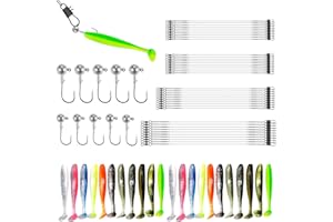 DBUWQIPS 75pcs Angelzubehör, 40pcs stahlvorfach hecht, 4 Größen stahlvorfach mit Schnalle und Drehwelle, 22pcs gummifische, 10pcs Jigköpfe, Angelzubehör für Salzwasser und Süßwasserfische Fishing