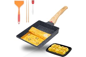 JABNOW Poêle à Tamagoyaki Japonaise Rectangulaire Avec Plateau, Spatule en Silicone, Pinceau, Baguettes - Revêtement Antiadhésif Pour Omelette et Œufs