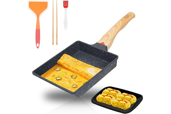 YIOIYH Tamagoyaki Japansk Stekpanna i Aluminium - Non-stick Pannkakor Äggpanna Med Silikonspatel, Rektangulär Mini