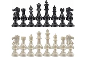 32 Chess Pieces Without Board, Chess Pieces Set, International Standard Chess Game with Kings, Queens, Knights, for Children, Teenagers, Adults, King High 65 mm, Plastic Black/White, Puzzle Games