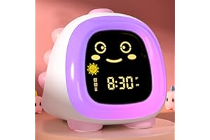 hansang Cute Kids Clock, Night Light for Kids with Snooze Mode Sleep Timer Dual Alarm Sleep Training 3 Brightness 10 Color Night Light Adjustable Volume Memory Battery, Ok to Wake Clock for Kids
