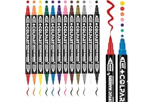 COLPART Marqueurs de peinture acrylique, 12 couleurs à double pointe avec pointe moyenne et pointe pinceau pour peinture sur roche, bois, toile, calligraphie, marqueurs à pois pour loisirs créatifs