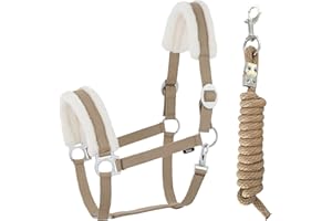 JA Horse Licol en fourrure synthétique - Kit de longe avec mousqueton réglable - Licol de cheval, cheval en bois, corde de fixation (mousqueton en fourrure synthétique, kaki, poney)