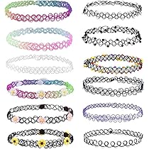 Andibro Elastische Halskette Set, 12 Stück Stretch Tattoo Halskette Choker Kette Damen Vintage Punk Gothic Tattoo Kette Gummi Halsband 90er jahre accessoires für Mädchen