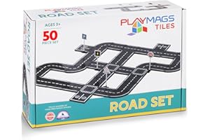 Playmags Zestaw Magnetycznych Płytek Drogowych - 50 Sztuk STEM Edukacyjne Zabawki Budowlane Tory Samochodowe, Klocki Magnetyczne Zabawki Dla Maluchów, Bezpieczne Dla Dzieci W Wieku 3+
