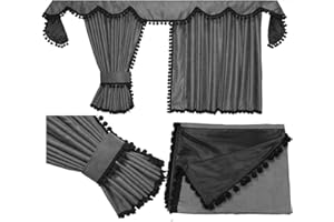 Adomo LKW Gardinen für Man TGX XLX in grau mit schwarzen Pompoms/Kugel