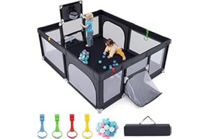 COSTWAY Box Bambini 190 x 160 cm, Recinto Pieghevole Bambini con Canestro da Basket, 2 Porte da Calcio, 50 Palline e 4 Anelli, Centro Attività con Borsa Trasporto per Neonati 0-3 Anni