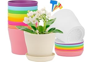 Aodaer 10 Pack 4 Inch Plastic Planters with Multiple Drainage Holes and Tray Indoor Outdoor Flower Plant Nursery Pots with Labels Flower Seedling Pots for Herb Garden Home Succulents, Multicolor