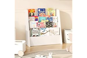 Maxmass Wooden Kids Bookshelf, Sling Children Bookcase with Deep Compartments, Toddler Book Display Rack for Kids Room Playroom Nursery Kindergarten (White, 4 Tier: 58 x 27 x 60 cm)