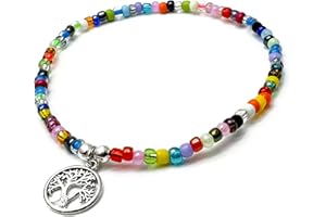 VILDA JEWELLERY Tree of Life Charm Beaded Anklet, Multi-Colour Glass Seed Bead Mix with Silver Tone Charm : Size M/L 10 inches, Beach Boho Surfer Jewellery for Women