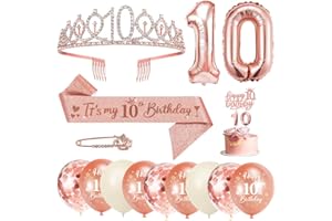 YYDSXK 10 Anni Decorazioni Compleanno Ragazze, 10° Fusciacca e Diadema Oro Rosa Compleanno, Happy Birthday Cake Topper, Candele di Compleanno Numero e Palloncini, Regalo Ragazza 10 Anni