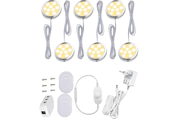 Cefrank 6-pack LED-puckljus med Sladd, 12W, Varmvit 3000K | 1200 Lumen, Spotlights 2W, Dimbar, 12V, Aluminium, Vitrin och Hylla, Seriekoppling, Flimmerfri