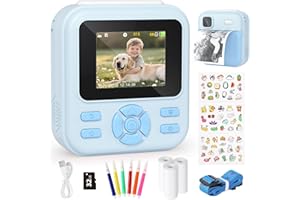 YOHOOLYO Sofortbildkamera Kinder 2,4 Zoll 1080P HD Kinderkamera mit 3 Rollen Druckpapier 32GB Karte Farbigen Stiften Aufkleber Geschenke für Jungen und Mädchen 3-12 Jahre (Blau)