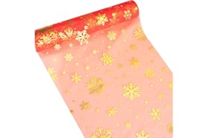 GEBETTER Camino de Mesa Navidad 30 cm x 9 m Copos de Nieve Doradas Plateadas Organza Decoración Mesa Adorno Árbol Navideño Silla Puerta Manualidad Regalo Fiesta (Rojo Copos de Nieve Oro Plata)