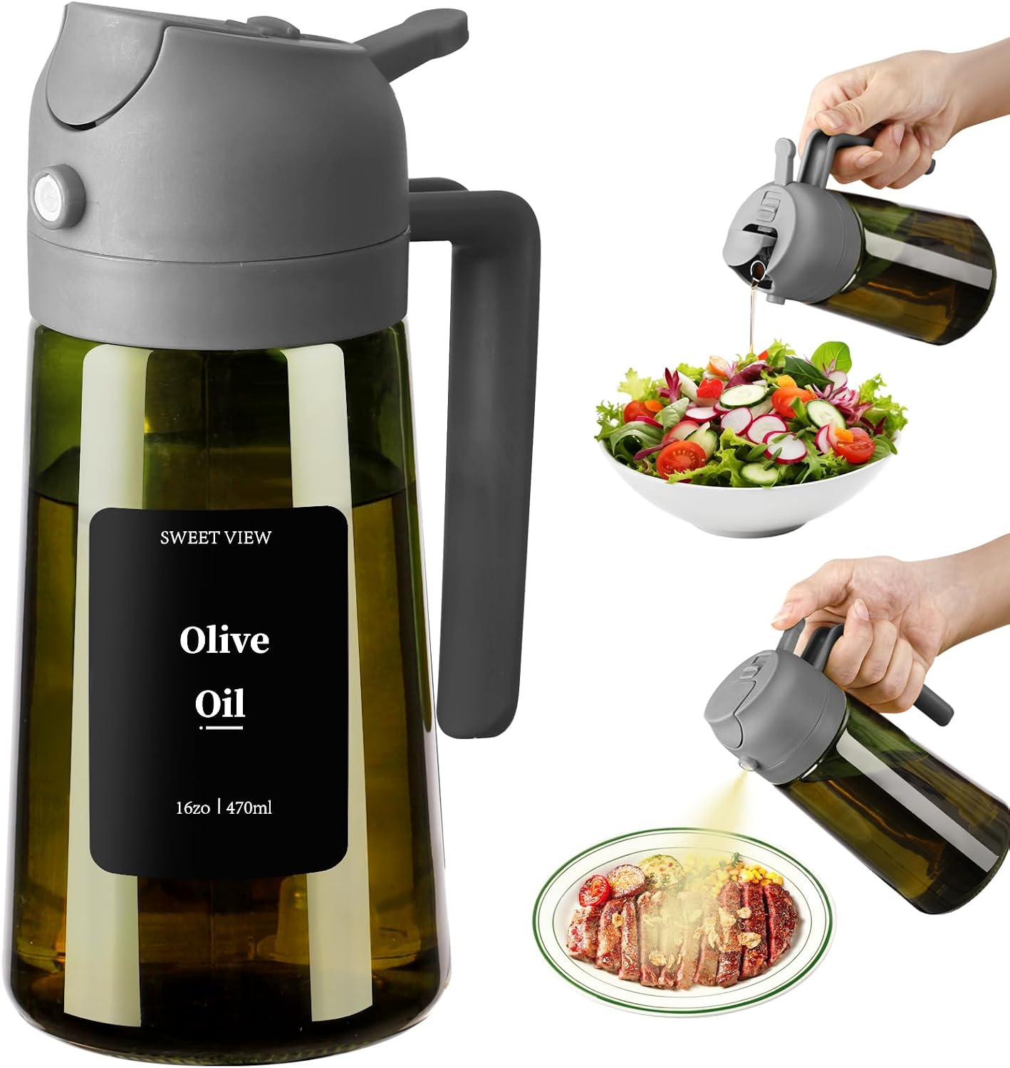 SWEET VIEW Dispensador de aceite de oliva y pulverizador de aceite, vertedor de aceite de vidrio a prueba de luz de 470 ml para cocina, freidora de aire, cocina, ensalada y barbacoa