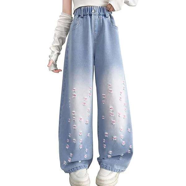 Rolanko Baggy jeans voor meisjes, hoge elastische taille wijde pijpen losse bootcut denim jeans broek voor tieners 6-15 jaar, 13-15 Jaren