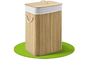 Juskys Panier à linge en bambou Curly naturel - récupérateur de linge avec couvercle, anse & 1 compartiment - sac à linge en tissu corbeille à linge amovible & lavable- naturel, 72 litres