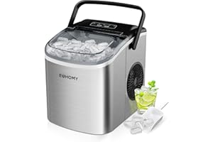 Macchina del Ghiaccio 12kg/24h, EUHOMY Macchina Ghiaccio Casa, 9 Cubetti in 6 Minuti, Autopulente con Maniglia, Paletta, Cestello, Acciaio Inossidabile, 45dB, Argento
