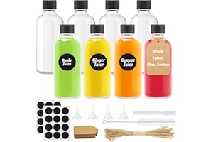 Amentalove 8PCS 100ml Mini Bouteille Verre, Petite Bouteille en Verre Vide, Bouteilles Miniatures, Mignonette Vide avec Entonnoir, étiquettes et Stylo Pour Huiles Essentielles, Jus, Ginger Shot