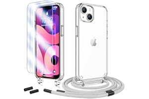 Anshow Hülle mit Band für iPhone 14 Plus, Handykette iPhone 14 Plus Hülle + 2 Schutzfolie, Stoßfest iPhone 14 Plus Case mit Handyband zum Umhängen, Clear iPhone 14 Plus Handyhülle mit Kette Grau