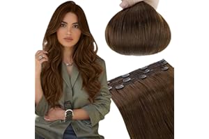‎RUNATURE RUNATURE Braun Clip Extensions Echthaar 40cm/16 Zoll Invisible Clip in Echthaar Extensions 3pcs/50g Clip on Menschliche Haarverlängerung Glatt Haar Easy Fit Farbe #4 Braun