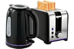 HOMCOM Kettle and Toaster Set, 1.7L 3000W Rapid Boil Jug Kettle with Otter Thermostat, Limescale Filter, 2 Slice Toaster with 7 Browning Controls, Crumb Tray, LED Strip, Black