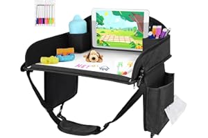 INFANZIA Reisetisch Kindersitz Spiel für Kinder- Auto Knietablett mit Zeichenbrett, Kindersitz Rücksitz mit Farbstifte für Flugzeug Zug Reisen - Unterstützung, Faltbarer Organizer (Schwarz)