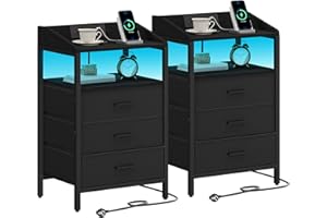 ‎HZUANERI Hzuaneri Nachttisch 2er Set, mit LED-Leuchten und Ladestation, Beistelltisch mit 3 Stoff-Schubladen und Regalen, mit USB-Anschlüssen & Steckdosen, für Schlafzimmer, Wohnzimmer, Schwarz NS35504B