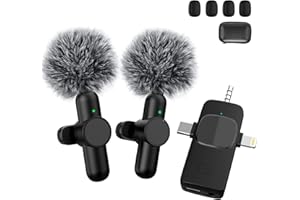 QUANLEX Wireless Lavalier Microphone for iPhone/Android Phone/Camera/Laptop, Plug-Play Wireless Microphone with Lightning/USB-C/3.5mm Plug, Clip On Lapel Mic for Video Recording/TikTok/YouTube/Vlog (2 Mics)