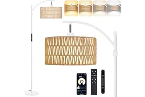 OUTON Ratán Lámpara de Pie Salon, Lámpara Boho Regulable con Control App y Remoto y Táctil, 4 Temperaturas de Color, 2 Pantallas, Lámpara de Pie LED Vintage de 12W para Dormitorio, Oficina, Blanco