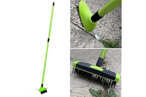 KAYNUR 3-in-1 Telescopic Weed Brush Broom Metal Scraper Clear Weeds, Moss, and Debris from Paving, Garden Paths, Patios, and Driveways Extendable Handle for Easy Cleaning Green/Black