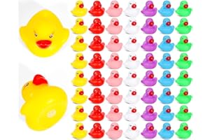 SaiXuan Set de 56 Patitos de Goma – Mini Patitos Pequeños en 7 Colores (Amarillo, Rojo, Verde, Azul, Rosa, Violeta y Blanco) – Patitos de Goma Baño Bebé para Bañera, Piscina, Fiesta y Decoración