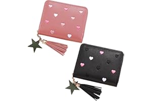 KMZ 2 Pcs Small Wallets for Women Girls Leather Slim Short Pocket Purse with Card Slots Star Pendant Zipper Coin Purse with Embroidery Heart (Black+Pink)
