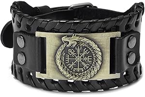 Thajaling Bracciale bussola runica, bracciale in pelle fatto a mano, Bracciale Vichingo Nordico per Uomo