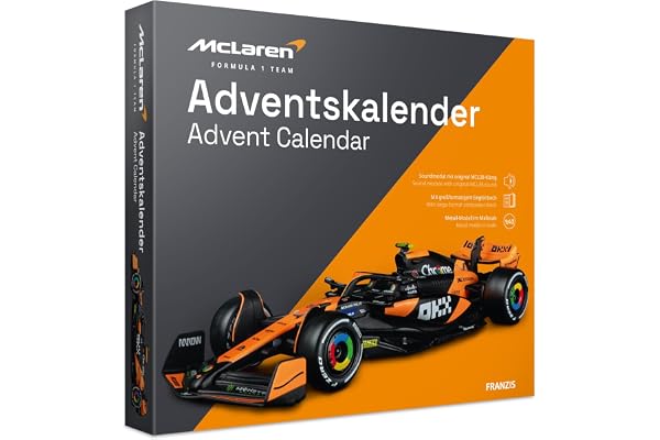 FRANZIS McLaren Racing 67391 Calendrier de l'Avent 2025 avec modélisme à l'échelle 1:43, avec module sonore et livre d'accompagnement de 52 pages