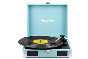 Audizio RP111BL Briefcase Record Player, Blue – 3-Speed Retro Turntable with Built-In Stereo Speakers, Portable Vinyl Player, Home Audio, RCA, Headphone Out, Plays 7/10/12 Inch Records, Leather-Look
