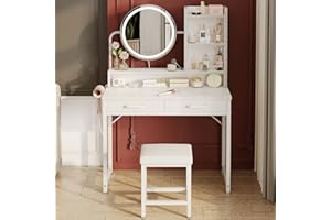 ODK Schminktisch mit LED-Lichtern, Verstellbare Helligkeit & Höhenverstellbar für 120-180 cm, 2 Fabric Drawers & Stool, 80×40×136cm, Weiß+Weiß