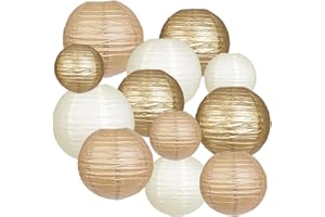 CC WONDERLAND ZONE 12pcs Gold Cream and Khaki Paper Lanterns,Hanging Paper Lanterns for Bridal Shower Rustic Boho Birthday Wedding Home Decor Party Decoration