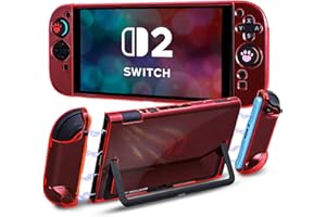 DLseego Clear Protective Case for Switch 2, Dockable Crystal Transparent Hard PC Shell Scratch-resistant Shockproof Split Design Slim Skin with 2 Handle Cover and 4PCS Thumb Grip Cap,Clear Red