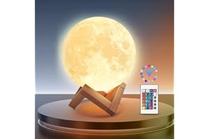 POOJAED Lampe Lune veilleuse 3D Upgraded 16 couleurs,support en bois,télécommande et charge USB,Décoration au clair de lune pour les adultes, les filles, les anniversaires d'enfants, les cadeaux de Noël,15cm